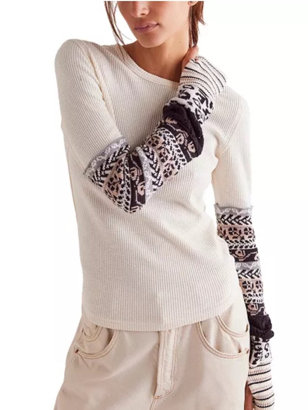 Free People All In Cuff Long Sleeve Top Small  Thermal Knitted Sweater Sleeves